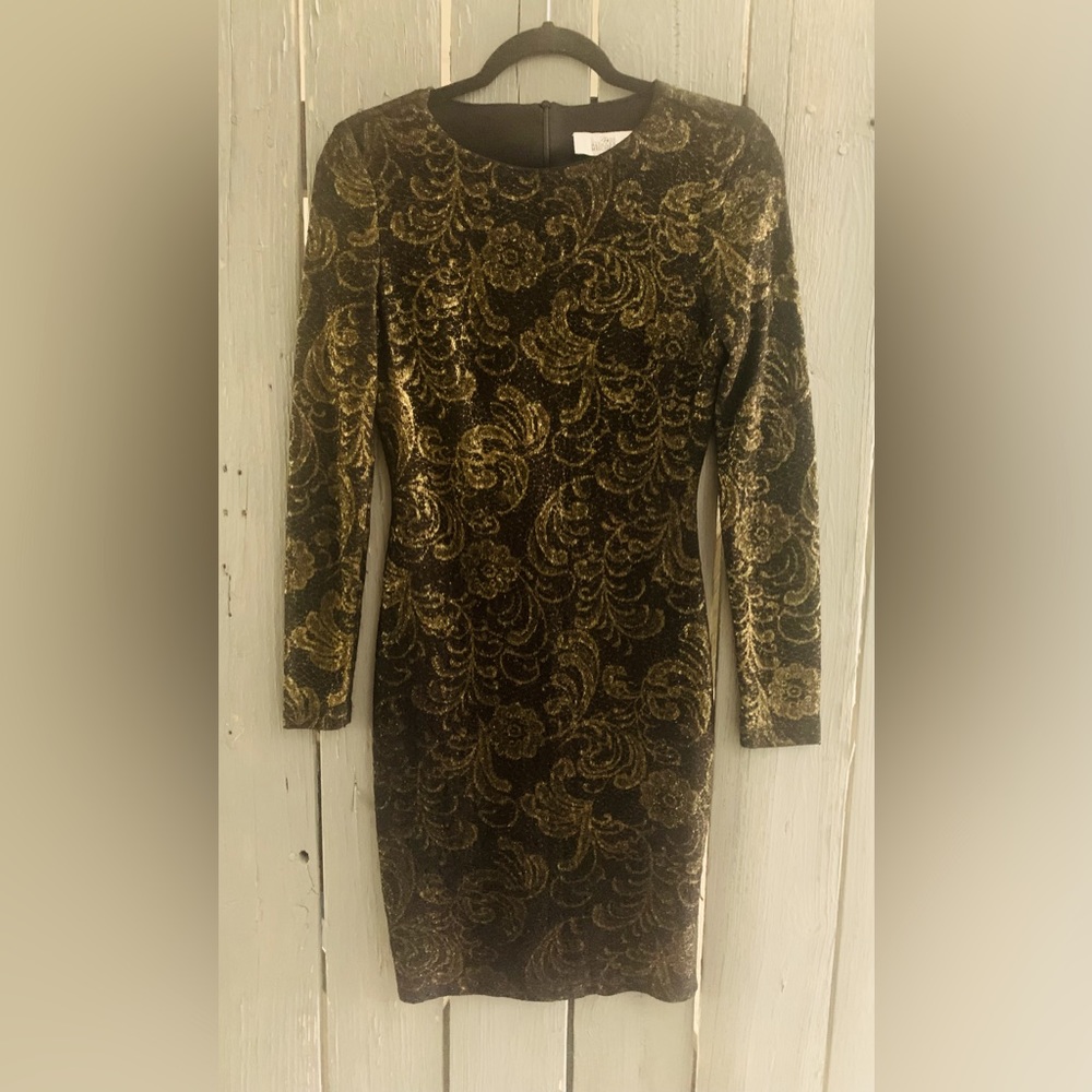 Badgley Mischka Black Gold Long Sleeve Elegant Cocktail Dress-NWOT